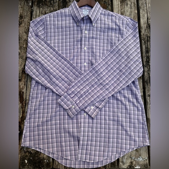 Brooks Brothers Mens Non Iron Long Sleeve Button Down Purple & White Large Shirt - Picture 3 of 4